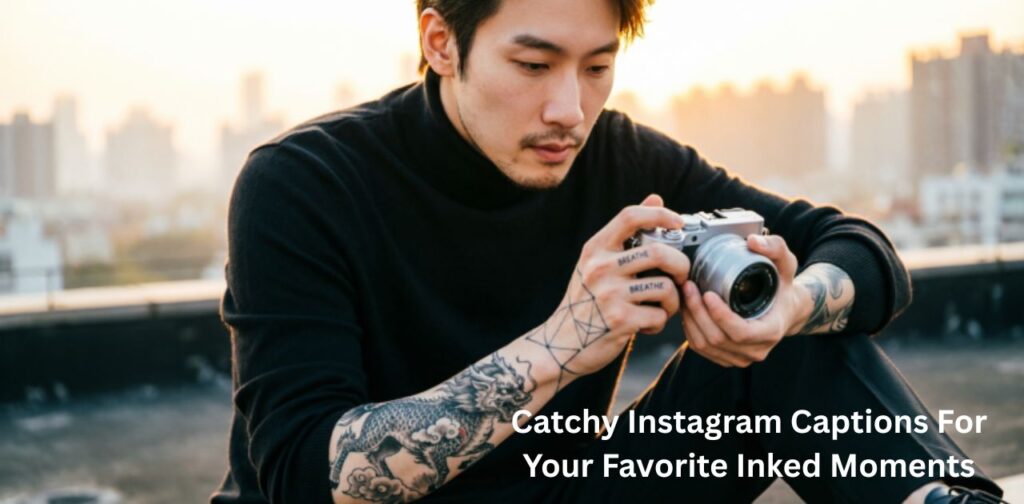 Stylish tattooed person posing with aesthetic lighting, representing Tattoo Captions for Instagram inked moments
