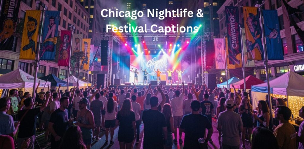 Chicago nightlife and festival Instagram captions inspired by the city’s vibrant evening scenes, live music, street festivals, lights, and energetic urban atmosphere.