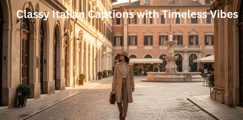 A collection of classy Italian captions inspired by timeless vibes, elegant Italian streets, romantic landscapes, historic architecture, and luxurious lifestyle moments perfect for sophisticated Instagram posts.