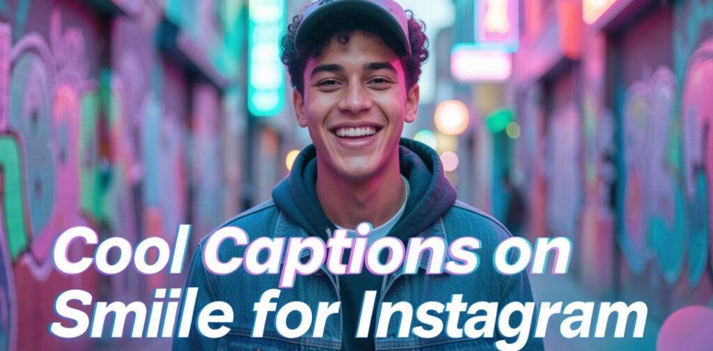 Stylish smiling portrait with cool aesthetic blog title “Cool Captions on Smile for Instagram,” modern and vibrant social media design.