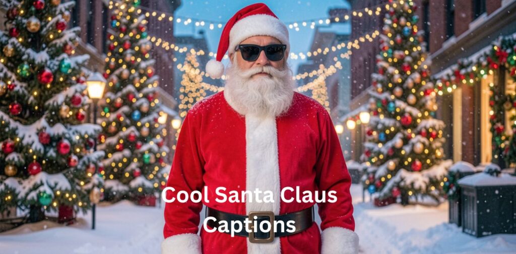 Cool Santa Claus captions for Instagram featuring stylish holiday phrases, festive winter vibes, cheerful Christmas moments, and trendy Santa-inspired lines.