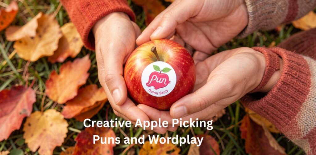 Creative Apple Picking Puns and Wordplay featuring clever, funny, and seasonal caption ideas inspired by apple-themed jokes, orchard humor, autumn harvest vibes, and playful wordplay for social media posts
