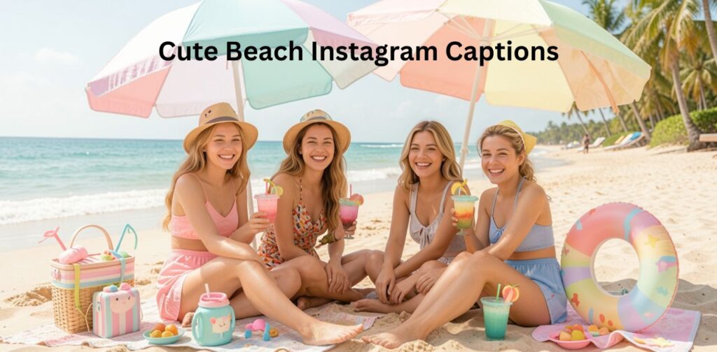 A soft, pastel-toned beach scene with gentle waves, seashells, and a cozy sunset glow, featuring an adorable aesthetic text overlay of Cute Beach Instagram Captions, designed to express sweet, calm, and dreamy seaside vibes perfect for Instagram posts.