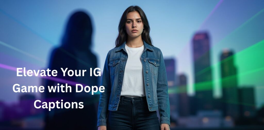 Elevate Your IG Game with Dope Captions featuring a stylish confident person in a modern urban night setting with neon lights and trendy luxury vibes.