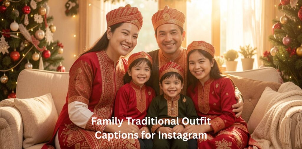 A family dressed in matching traditional outfits posing together for a cultural photoshoot.