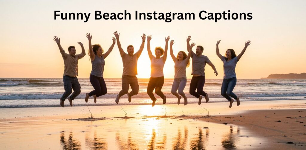 A playful beach scene with waves splashing, flip-flops in the sand, and a lighthearted sunny vibe, featuring a fun text overlay of Funny Beach Instagram Captions, designed to capture humorous, carefree, and summer-ready seaside moments perfect for Instagram posts.
