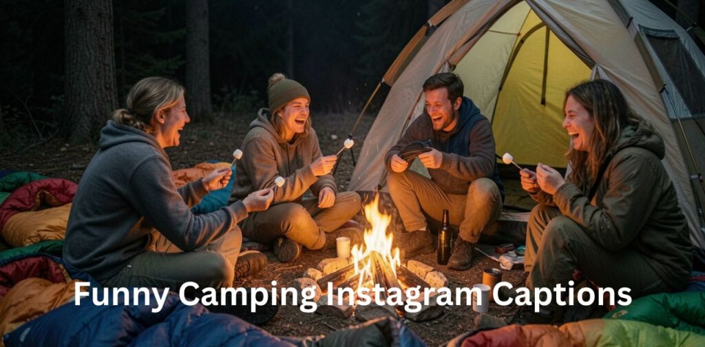 Friends having funny moments at a campsite with tents, campfire, and outdoor adventure scenes for Funny Camping Instagram Captions.