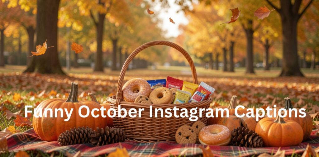 Funny October Instagram Captions’ referring to a collection of humorous Instagram captions themed around the month of October and autumn vibes.
