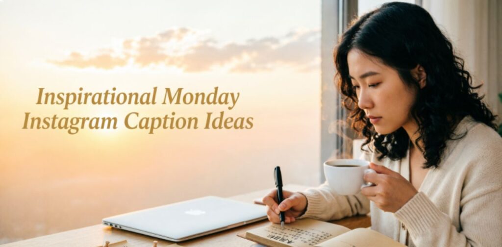 Inspirational Monday morning scene with sunrise light, a person journaling goals beside coffee and a laptop, creating a motivated and hopeful mood, featuring the text “Inspirational Monday Instagram Caption Ideas” as the focus keyword in bold stylish typography, reflecting positivity and new beginnings.