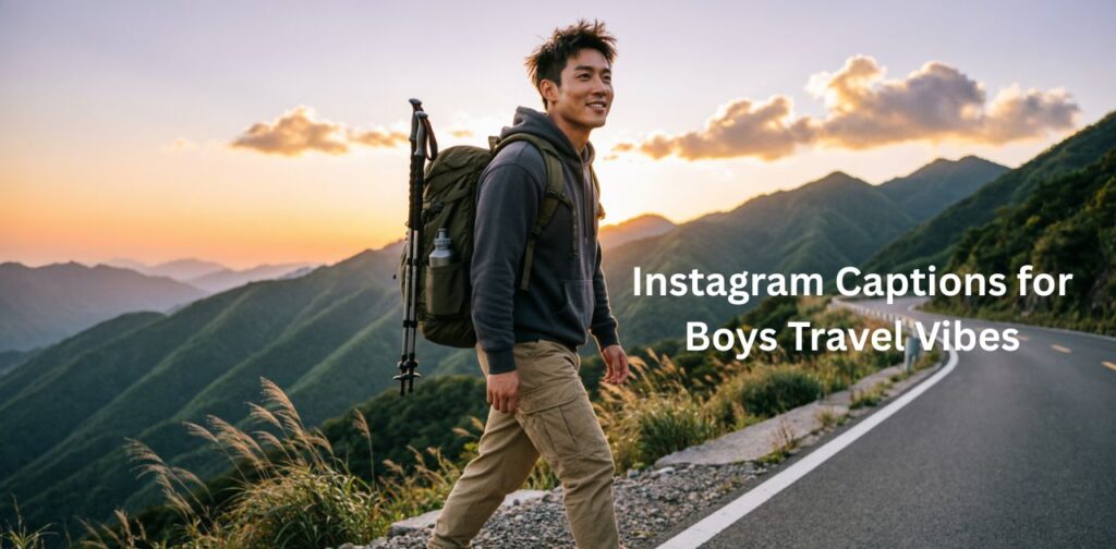 Instagram Captions for Boys Travel Vibes featuring a stylish boy exploring scenic mountains with adventurous mood.