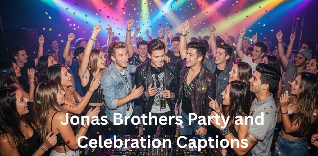 Jonas Brothers party and celebration captions featuring energetic music vibes, fun party moments, dance scenes, and festive Instagram caption ideas inspired by Jonas Brothers songs.