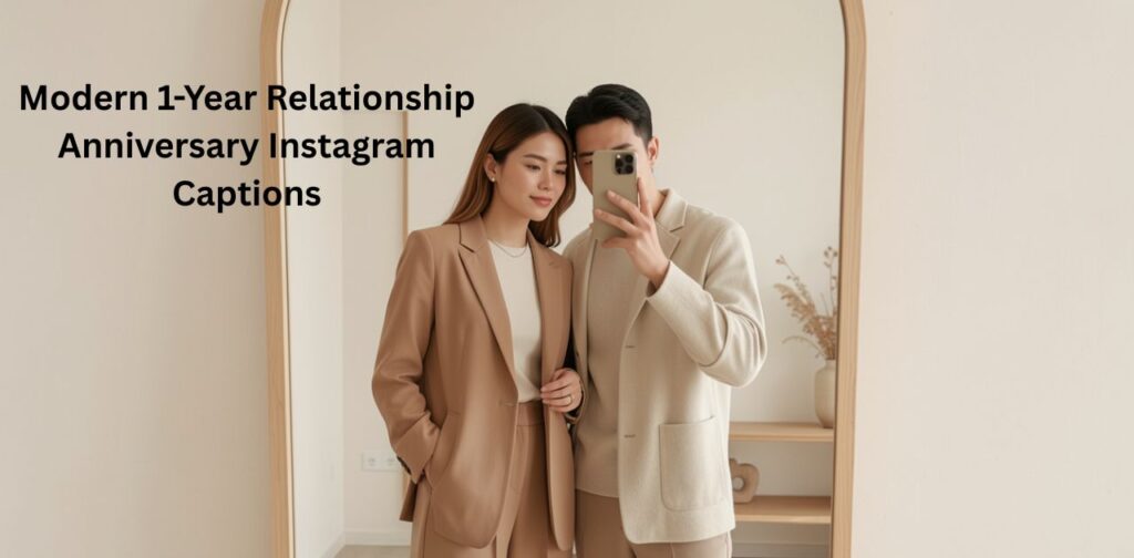 Modern 1-year relationship anniversary Instagram captions with stylish, trendy, and aesthetic love vibes celebrating one year together