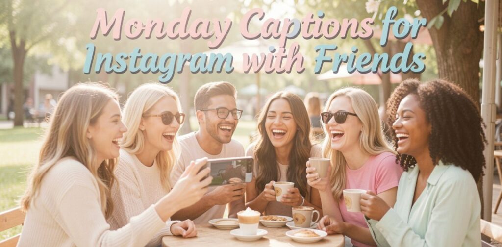 Group of happy friends enjoying a cheerful Monday morning together at a café or park, laughing, taking selfies, and sharing coffee, with the title “Monday Captions for Instagram with Friends” in friendly, modern typography.