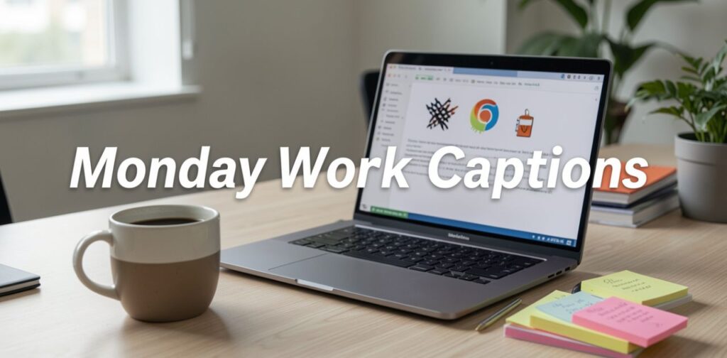 Professional Monday workspace scene with a laptop, coffee, to-do list, and office setup, showing a focused and productive mood, featuring the text “Monday Work Captions” in clean modern typography.