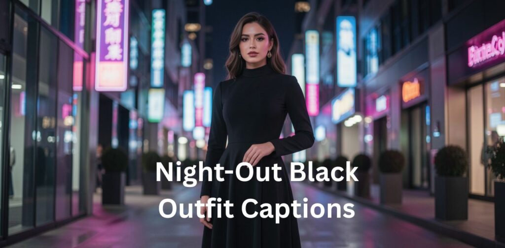 Glamorous girl wearing a stylish black outfit during a night out, perfect for Night-Out Black Outfit Captions with bold, classy, and party vibes.