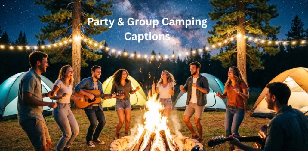 A lively group camping party with friends dancing, laughing, and enjoying a campfire with tents and music for Party & Group Camping Captions.