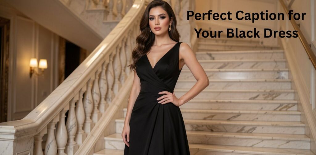 Elegant girl wearing a stunning black dress with a confident pose, perfect for Perfect Caption for Your Black Dress with classy and fashionable Instagram vibes.