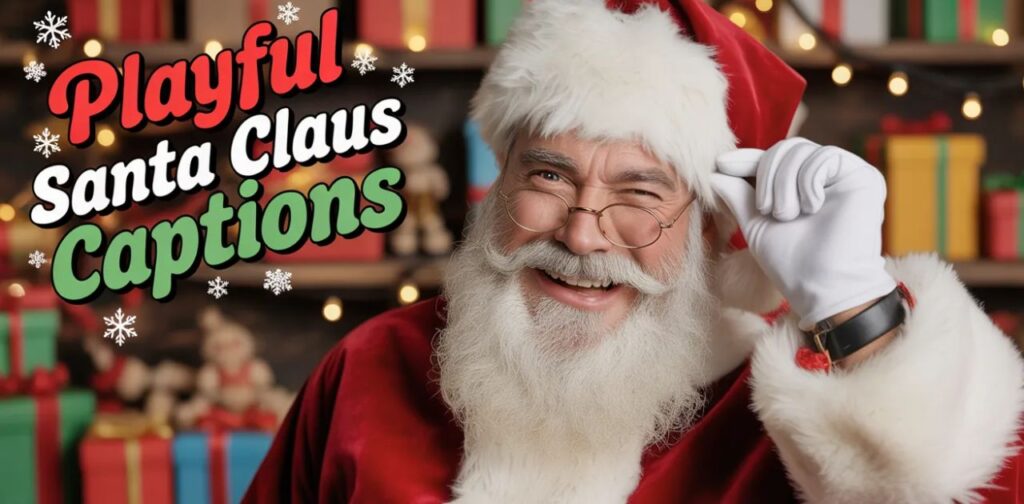 Playful Santa Claus captions for Instagram featuring fun, lighthearted Christmas phrases inspired by Santa, holiday cheer, winter magic, and festive joy.