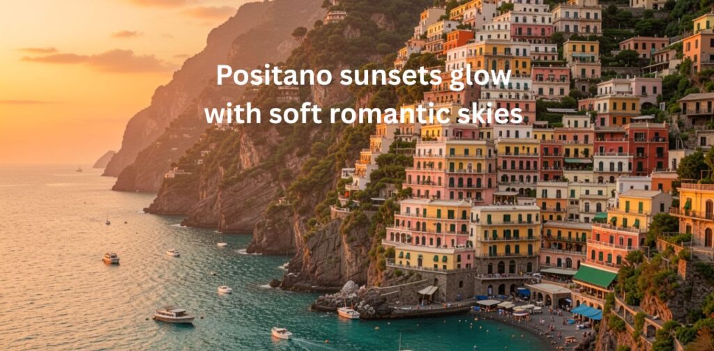 Positano Instagram Captions – scenic views of Positano village on the Amalfi Coast with colorful cliffside houses, turquoise sea, and dreamy Italian coastal atmosphere for caption ideas