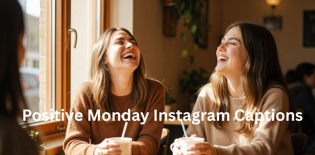 Bright Monday morning scene with a smiling woman holding coffee near a sunny window, surrounded by plants and motivational decor, featuring the title “Positive Monday Instagram Captions” in modern stylish text with uplifting vibes.