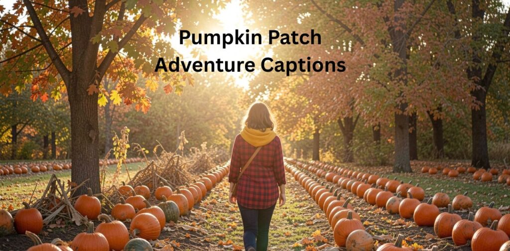 Exciting pumpkin patch adventure scene with people exploring fields of pumpkins, autumn scenery, and joyful outdoor fall moments representing Pumpkin Patch Adventure Captions.
