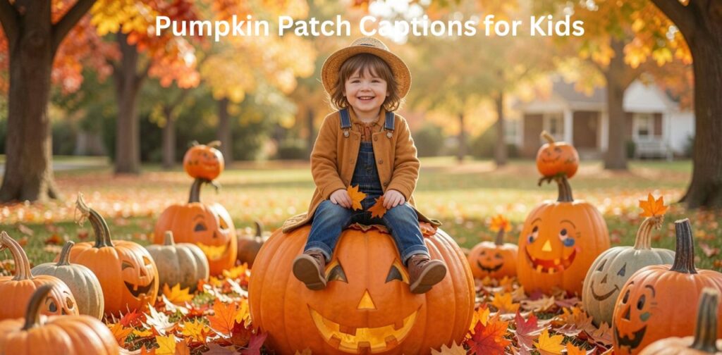 Happy kids exploring a pumpkin patch with bright orange pumpkins, autumn outfits, playful moments, and family-friendly fall vibes representing Pumpkin Patch Captions for Kids.