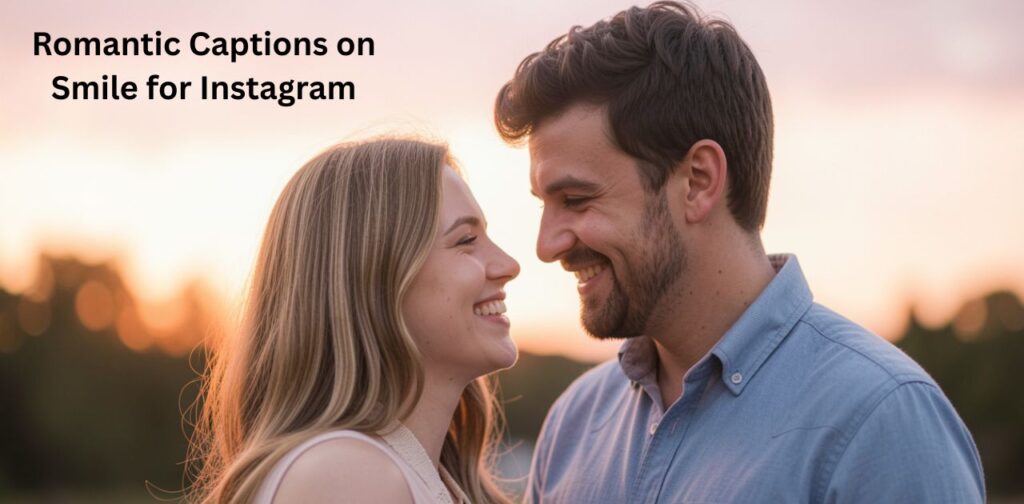 Romantic smiling couple with soft aesthetic title “Romantic Captions on Smile for Instagram,” warm dreamy social media design.