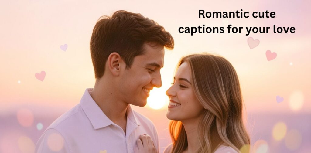 A romantic aesthetic image of a couple sharing a soft loving moment with a warm pastel background representing cute captions for your love.