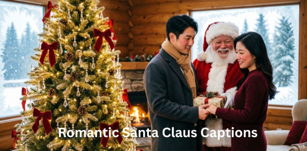Romantic Santa Claus captions for Instagram featuring cozy Christmas love vibes, festive couples moments, winter romance, and sweet holiday feelings.