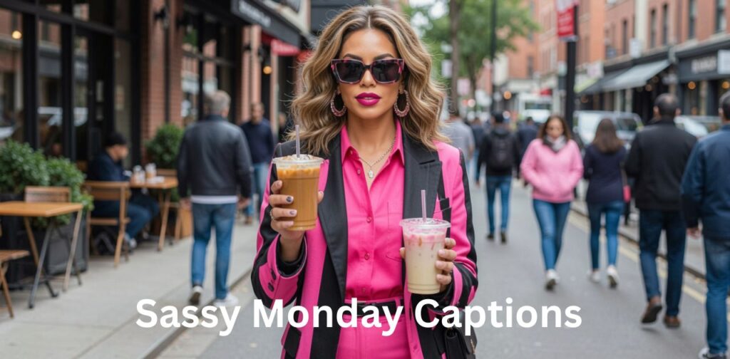 Stylish woman in trendy outfit holding coffee with confident attitude on a Monday morning, featuring bold text “Sassy Monday Captions” in modern typography with vibrant and energetic vibes.
