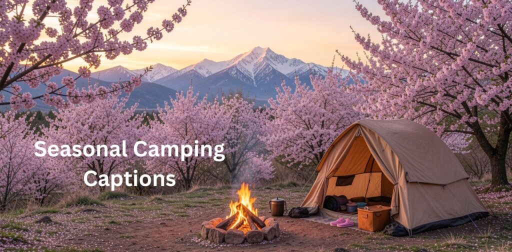 Seasonal camping scene showing a cozy tent in nature with changing weather vibes like autumn leaves or snowy forest for Seasonal Camping Captions.