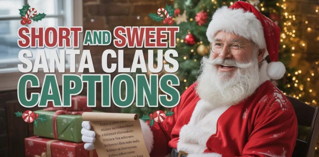 Short and sweet Santa Claus captions for Instagram posts, featuring simple festive phrases inspired by Santa, Christmas joy, holiday spirit, and winter celebration.