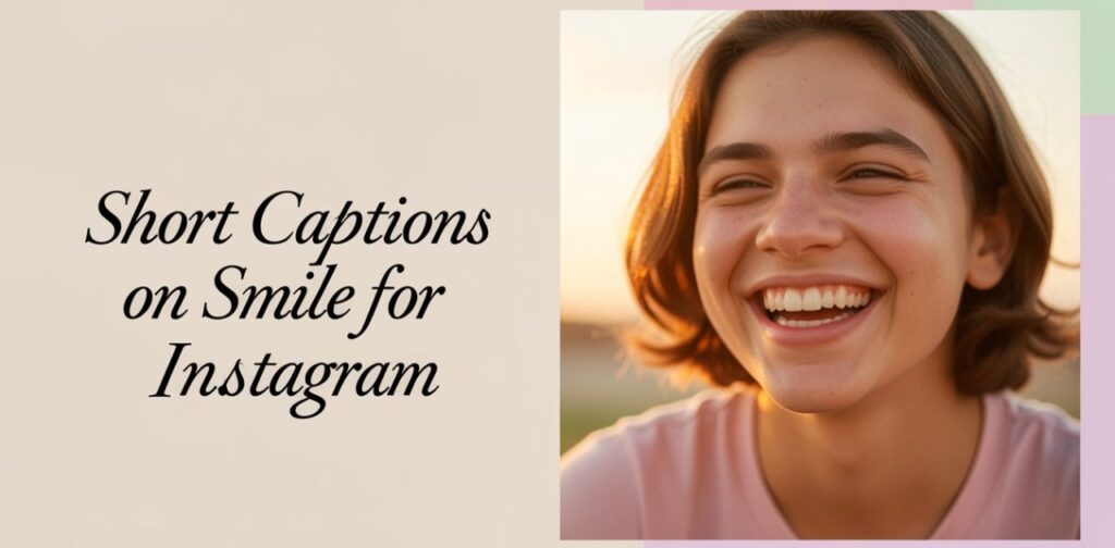 Smiling face with warm aesthetic blog cover titled “Short Captions on Smile for Instagram,” cheerful and minimal design.