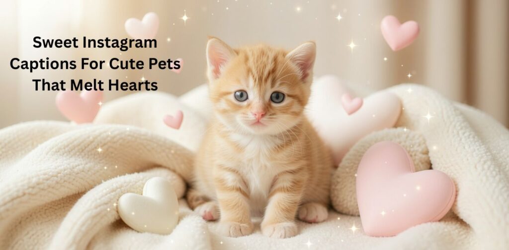 A cute pet-focused aesthetic image showing an adorable puppy or kitten in a soft pastel background representing sweet Instagram captions for pets.