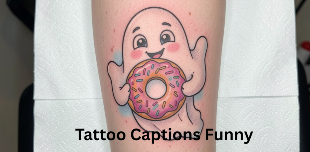 Funny tattooed girl laughing while showing inked arm, representing Tattoo Captions Funny ideas