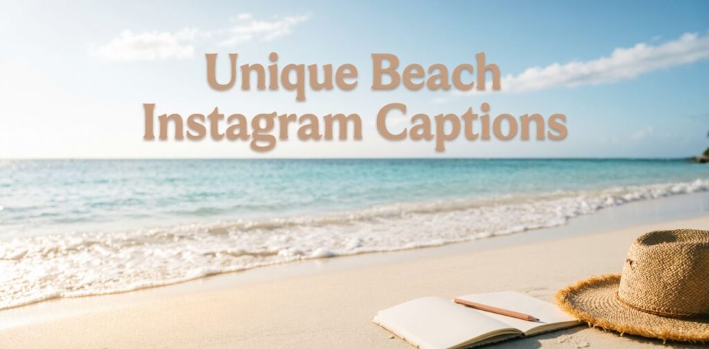 A serene tropical beach background with turquoise water, soft sandy shore, and sunset glow, featuring stylish text overlay of Unique Beach Instagram Captions, designed to capture fresh, creative, and aesthetic seaside vibes for Instagram posts.