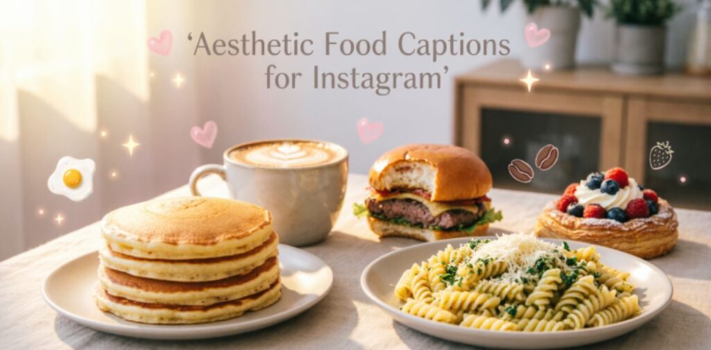 Aesthetic food flat-lay featuring desserts, coffee, and snacks with warm lighting and elegant styling, highlighting the text ‘Aesthetic Food Captions for Instagram’ in the center.