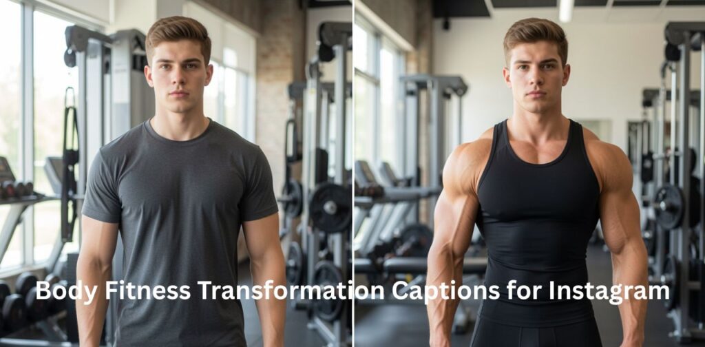 A before and after fitness transformation image of a man showing body change in the gym, representing body fitness transformation captions for Instagram.