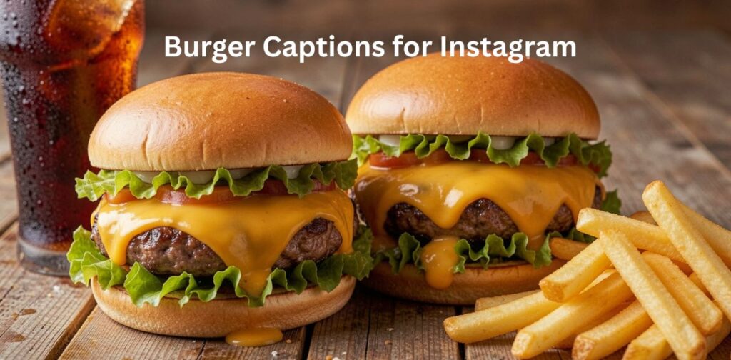 Juicy burgers with fries on a wooden table, styled in warm aesthetic lighting with the text ‘Burger Captions for Instagram’ in the center.
