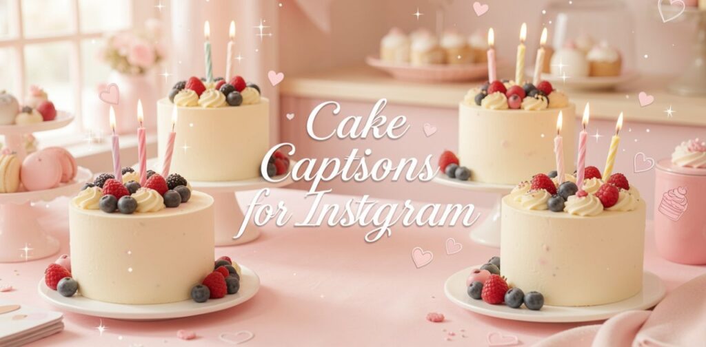 Beautiful decorated cakes on a pastel dessert table with soft lighting and the text ‘Cake Captions for Instagram’ in the center.
