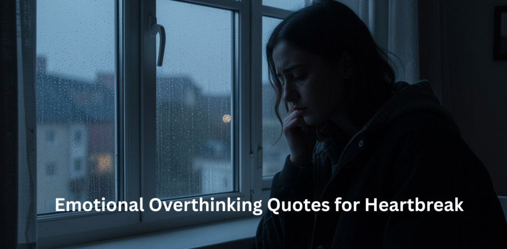 Emotional overthinking quotes for heartbreak expressing sadness, lost love, healing, deep feelings, and personal reflection after a breakup.