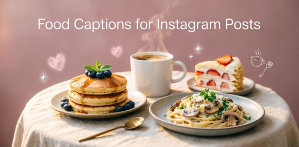 Aesthetic food flat-lay with burgers, pizza, and coffee, featuring the focus keyword ‘Food Captions for Instagram Posts’ in stylish center typography