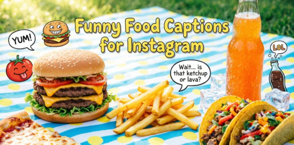 Vibrant and funny food flat-lay featuring burgers, pizza, fries, and snacks with bright colors and playful styling, highlighting the text ‘Funny Food Captions for Instagram’ in the center.