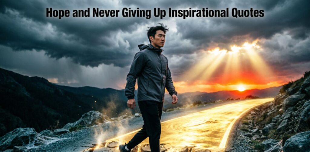 A motivational scene showing a person moving forward from darkness toward bright hope and light, symbolizing resilience, strength, and never giving up. Inspirational Quotes for Daily Motivation. Hope and Never Giving Up Inspirational Quotes