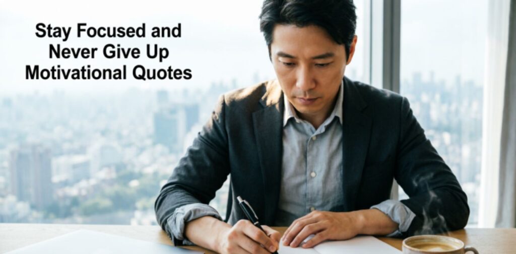 A motivational quote design featuring the message ‘Stay Focused and Never Give Up,’ symbolizing persistence, discipline, and determination to achieve goals.