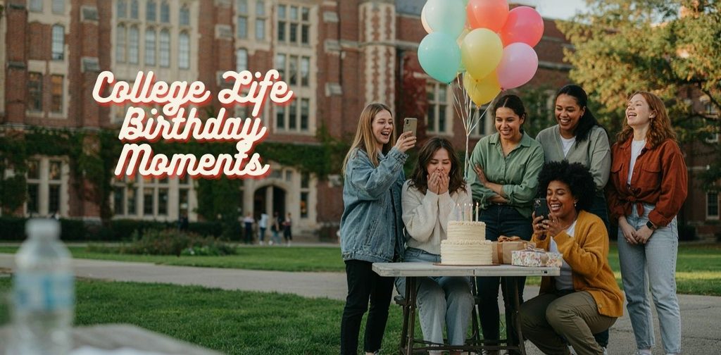College Life Birthday Moments showing a fun birthday celebration with friends on a college campus.