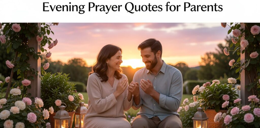 Evening prayer quotes for parents with a peaceful sunset scene symbolizing love, gratitude, faith, and family blessings.