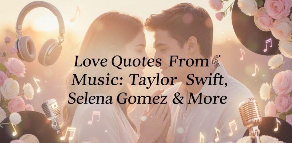 Love quotes from music by Taylor Swift, Selena Gomez, and more with a dreamy romantic couple and musical elements.