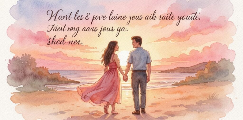 Short love quotes for her with a sweet romantic couple and a soft dreamy floral background.
